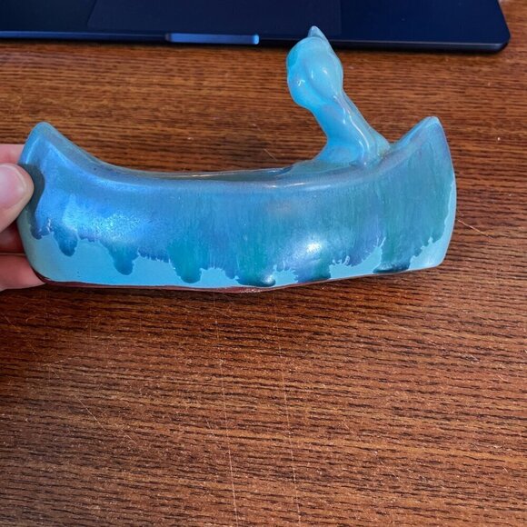 Pottery Canoe Turquoise Blue Green Drip Glaze Red Clay Trinket Box North Bay MCM - Picture 1 of 10
